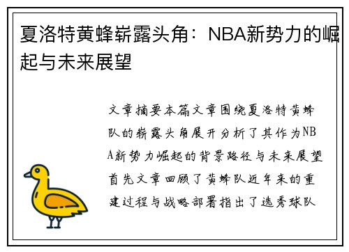 夏洛特黄蜂崭露头角：NBA新势力的崛起与未来展望